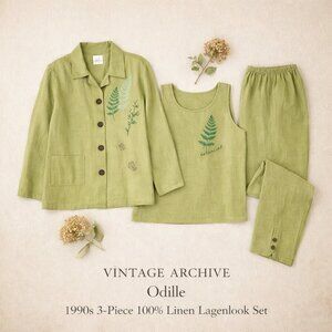 Vintage 100% Linen 3-Piece Lagenlook Set Sage Green Botanical Print M/L